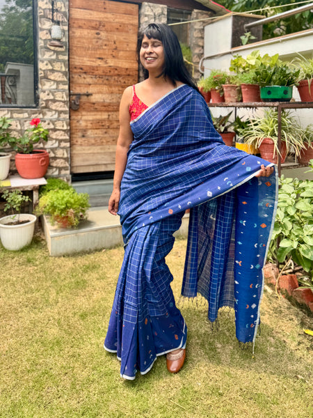 ताना-बाना- Cotton Handwoven Jamdani Saree with one side handwoven border -Blue