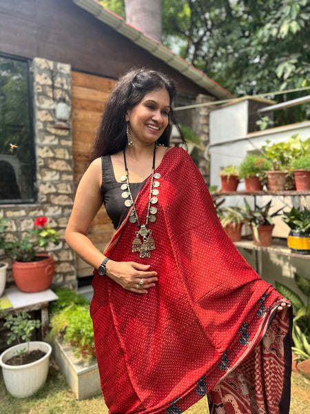 Ajrakh naturally dyed modal silk saree