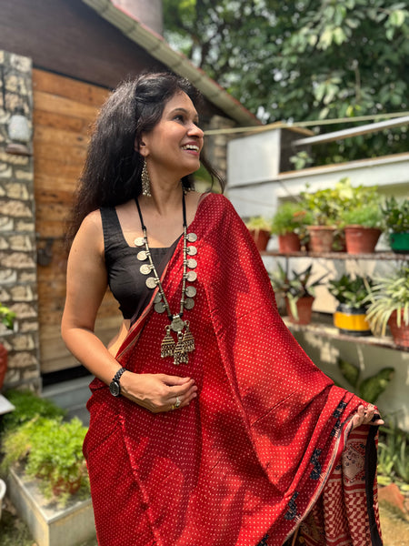 Ajrakh naturally dyed modal silk saree