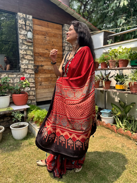 Ajrakh naturally dyed modal silk saree