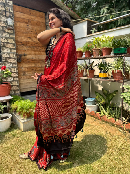 Ajrakh naturally dyed modal silk saree
