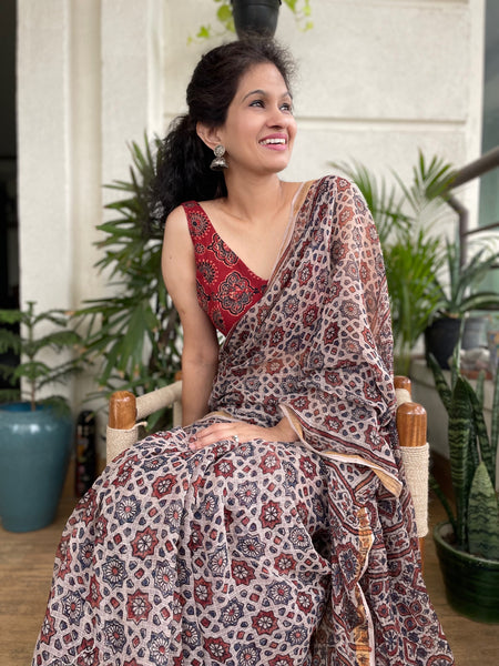 Ajrakh kota doria cotton saree with zari