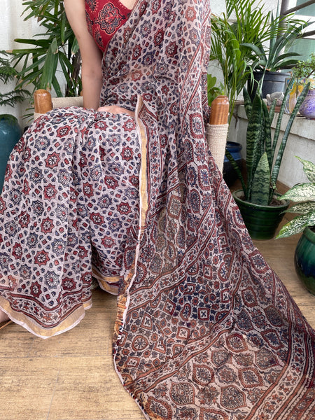 Ajrakh kota doria cotton saree with zari