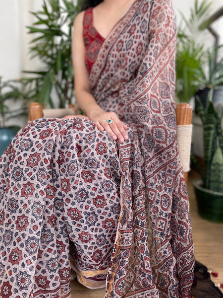 Ajrakh kota doria cotton saree with zari