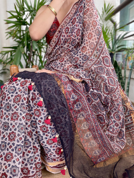 Ajrakh kota doria cotton saree with zari