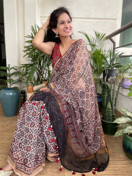 Ajrakh kota doria cotton saree with zari