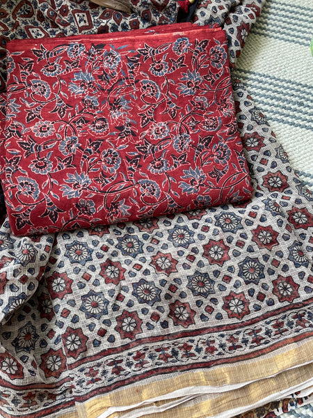 Ajrakh kota doria cotton saree with zari