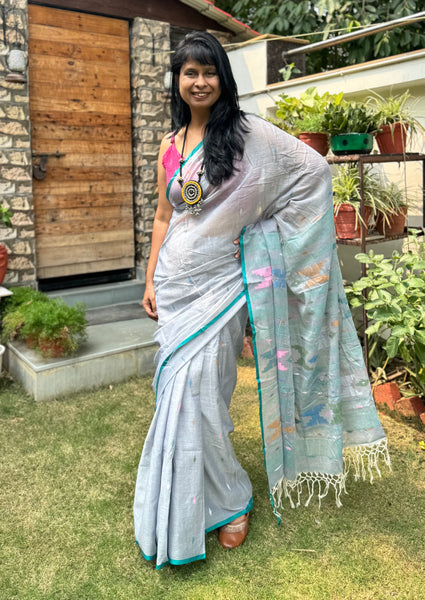 ताना-बाना- Cotton Handwoven Jamdani Saree- Grey