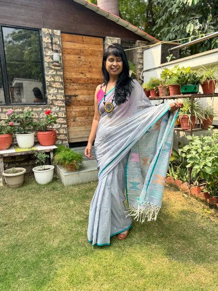 ताना-बाना- Cotton Handwoven Jamdani Saree- Grey