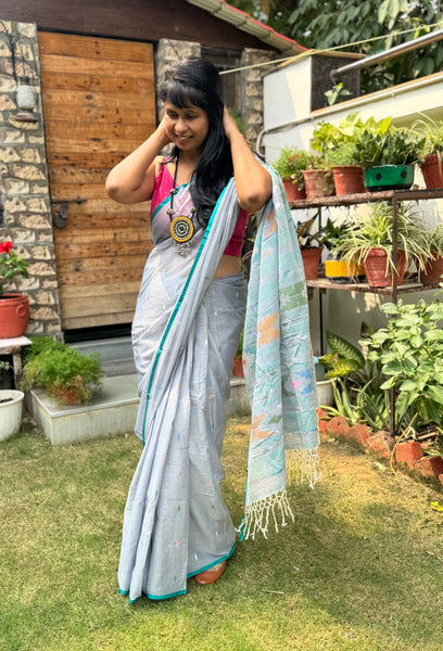 ताना-बाना- Cotton Handwoven Jamdani Saree- Grey