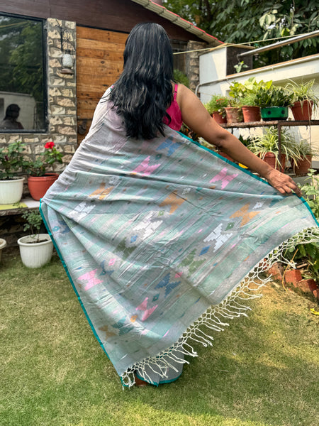 ताना-बाना- Cotton Handwoven Jamdani Saree- Grey