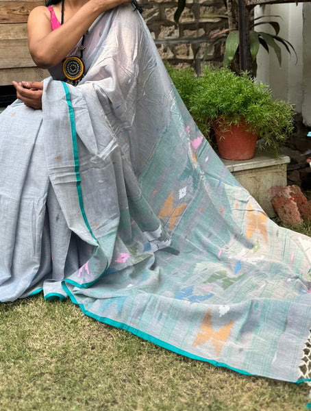ताना-बाना- Cotton Handwoven Jamdani Saree- Grey