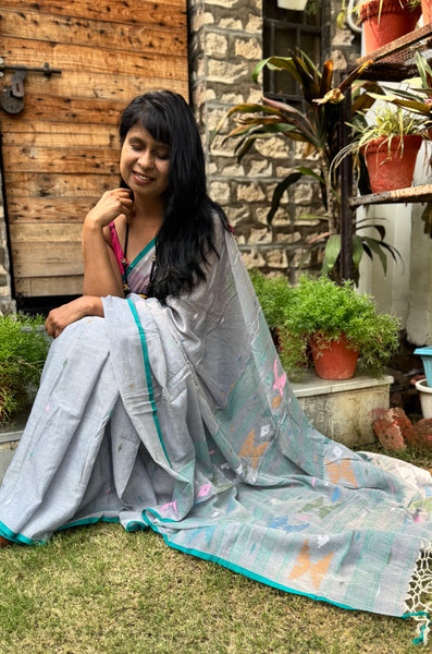 ताना-बाना- Cotton Handwoven Jamdani Saree- Grey