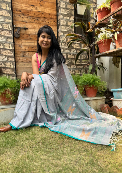 ताना-बाना- Cotton Handwoven Jamdani Saree- Grey