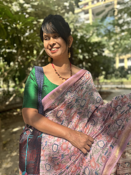 Maheshwari border blockprinted Cotton Silk Saree