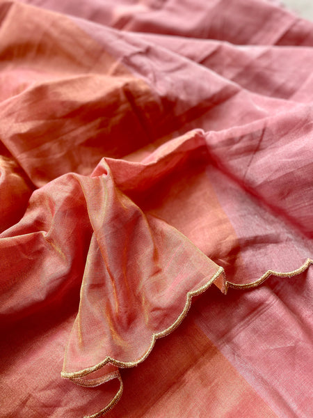Jaal embroidery on BP -Tissue Chanderi handwoven Saree- Orange & Pink