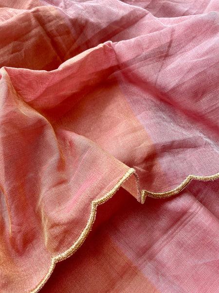 Jaal embroidery on BP -Tissue Chanderi handwoven Saree- Orange & Pink