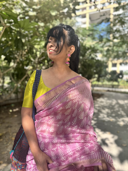 Maheshwari border blockprinted Cotton Silk Saree