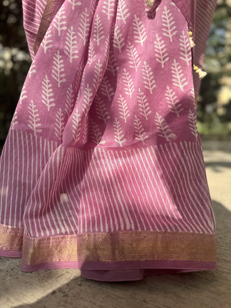 Maheshwari border blockprinted Cotton Silk Saree