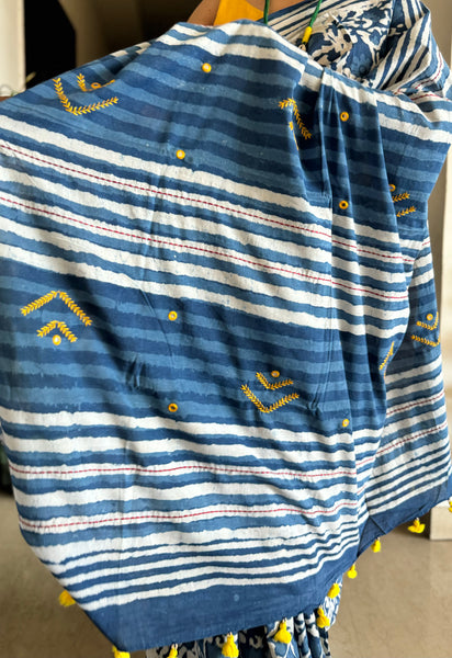 Indigo Mul cotton hand block printed saree with Embroidery