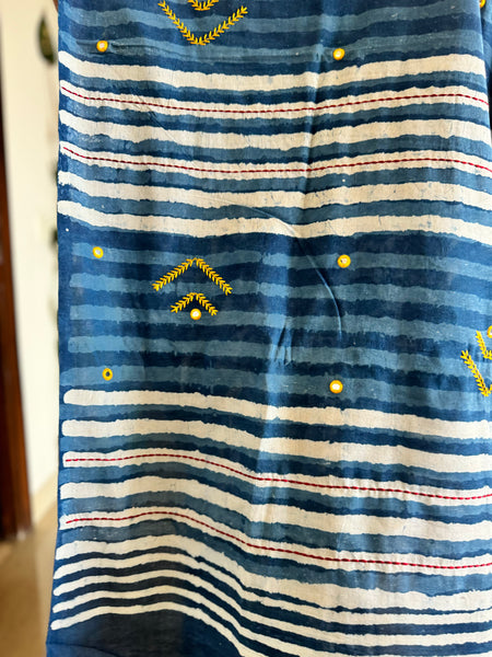 Indigo Mul cotton hand block printed saree with Embroidery