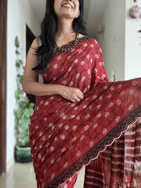 Modal voile block printed saree with scalloping