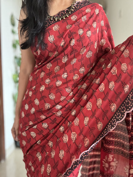 Modal voile block printed saree with scalloping