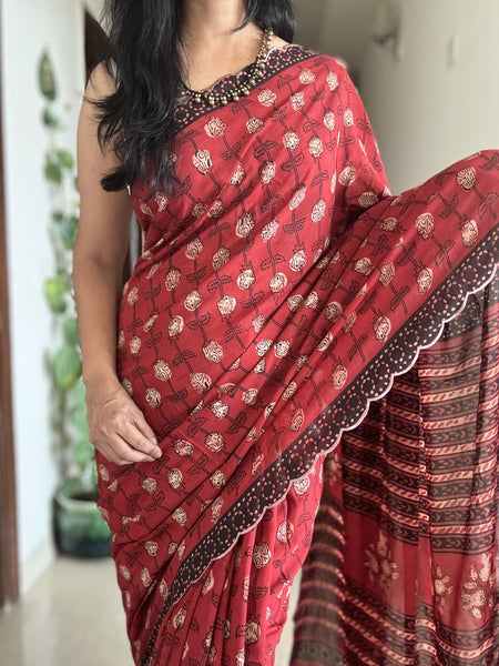 Modal voile block printed saree with scalloping