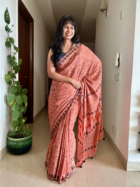 Modal voile block printed saree with scalloping