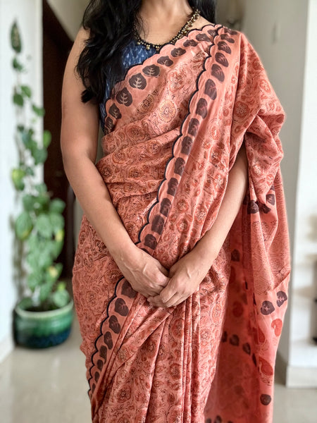 Modal voile block printed saree with scalloping