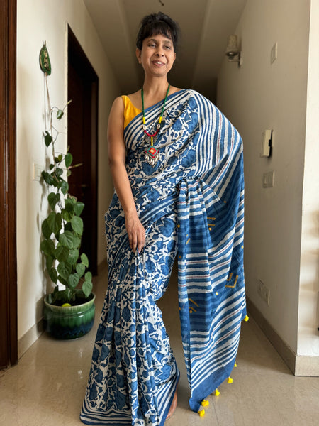 Indigo Mul cotton hand block printed saree with Embroidery