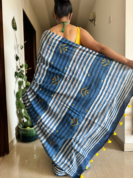Indigo Mul cotton hand block printed saree with Embroidery