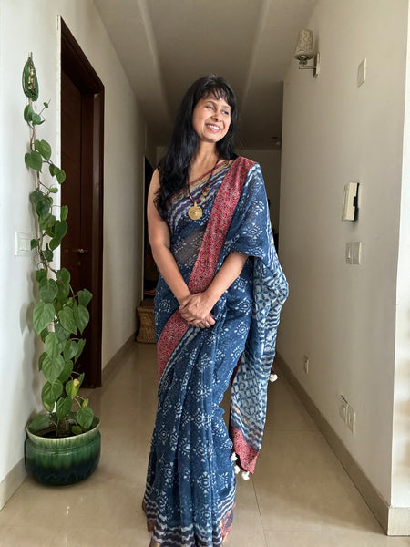 BEST SELLER -Embroidered  kota doria cotton saree with patchwork border