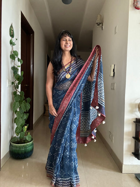 BEST SELLER -Embroidered  kota doria cotton saree with patchwork border