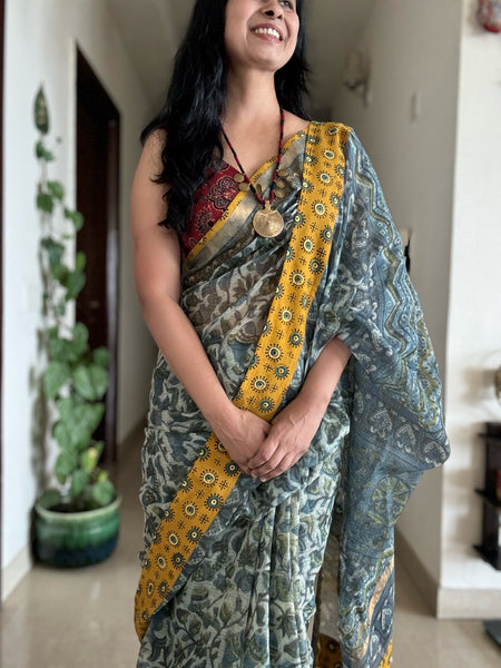 kota doria cotton saree with patchwork border