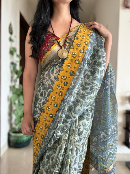 kota doria cotton saree with patchwork border