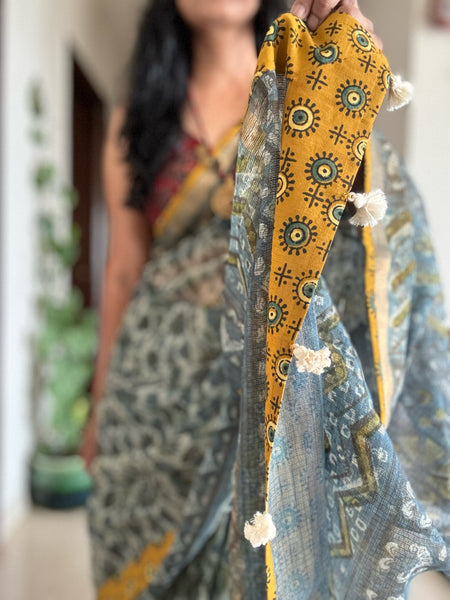 kota doria cotton saree with patchwork border