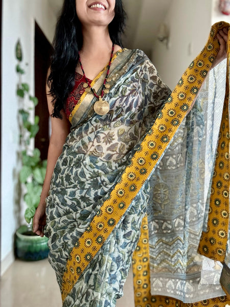 kota doria cotton saree with patchwork border