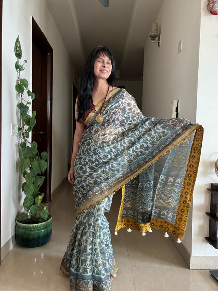 kota doria cotton saree with patchwork border