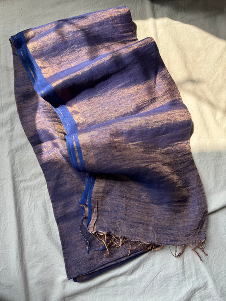 Handwoven gold zari linen saree - No blouse Piece