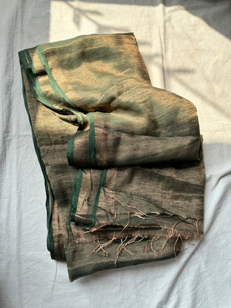 Handwoven gold zari linen saree - No blouse Piece