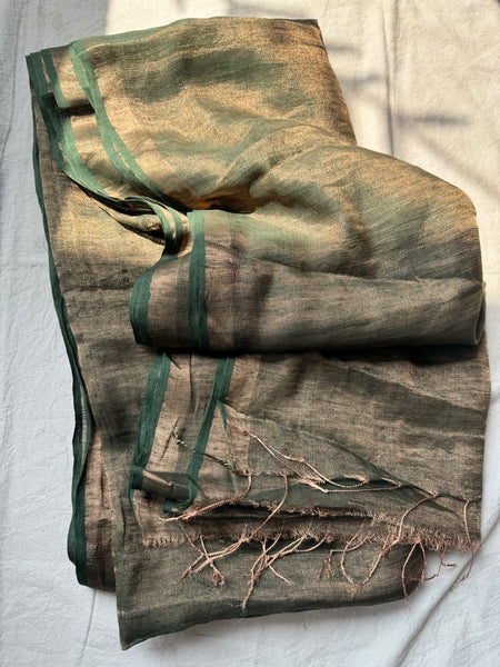 Handwoven gold zari linen saree - No blouse Piece
