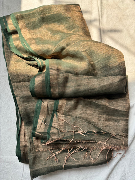 Handwoven gold zari linen saree - No blouse Piece