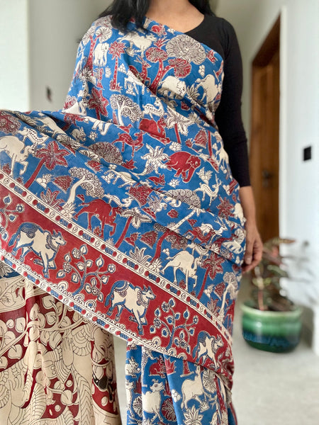Kalamkari - Printed Bangalore Silk Saree - Blue
