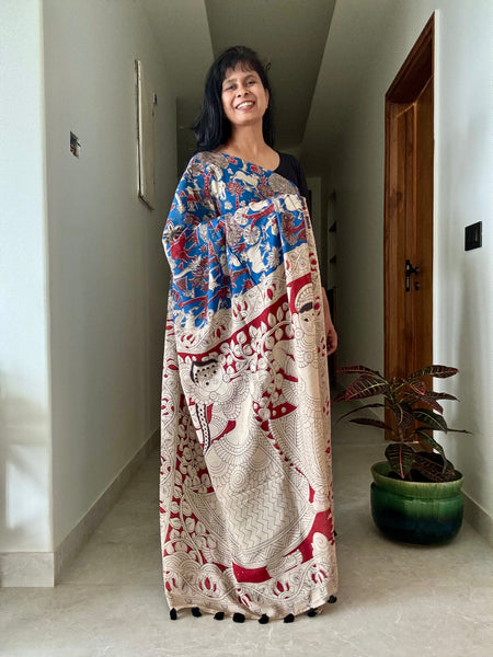 Kalamkari - Printed Bangalore Silk Saree - Blue
