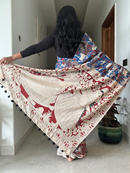 Kalamkari - Printed Bangalore Silk Saree - Blue