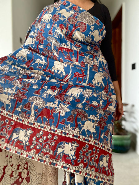 Kalamkari - Printed Bangalore Silk Saree - Blue