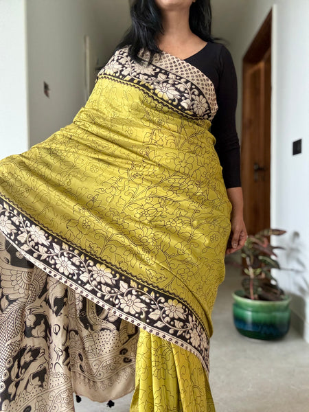 Kalamkari - Printed Bangalore Silk Saree - Green