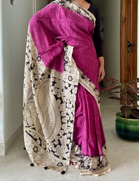 Kalamkari - Printed Bangalore Silk Saree - purple
