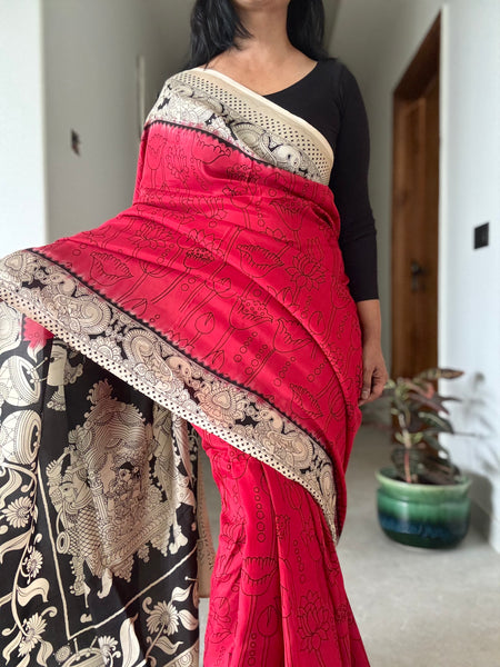Kalamkari - Printed Bangalore Silk Saree - Red
